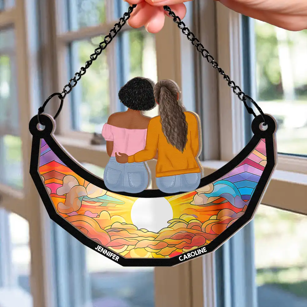 Besties Friends Sisters Hugging - Personalized Window Hanging Suncatcher Ornament - Image 2