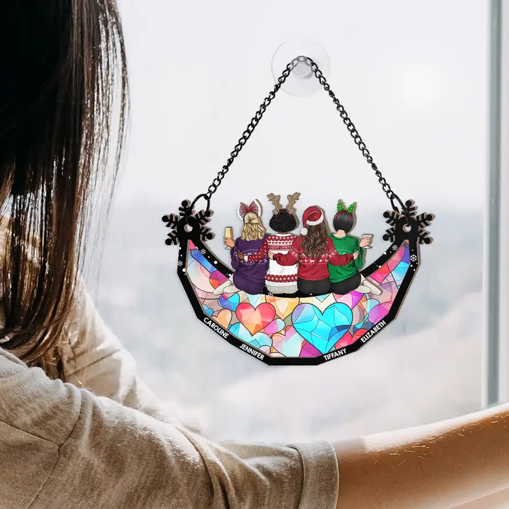 Besties Friends Sisters Sitting Together Snowflakes - Personalized Window Hanging Suncatcher Ornament - Image 4