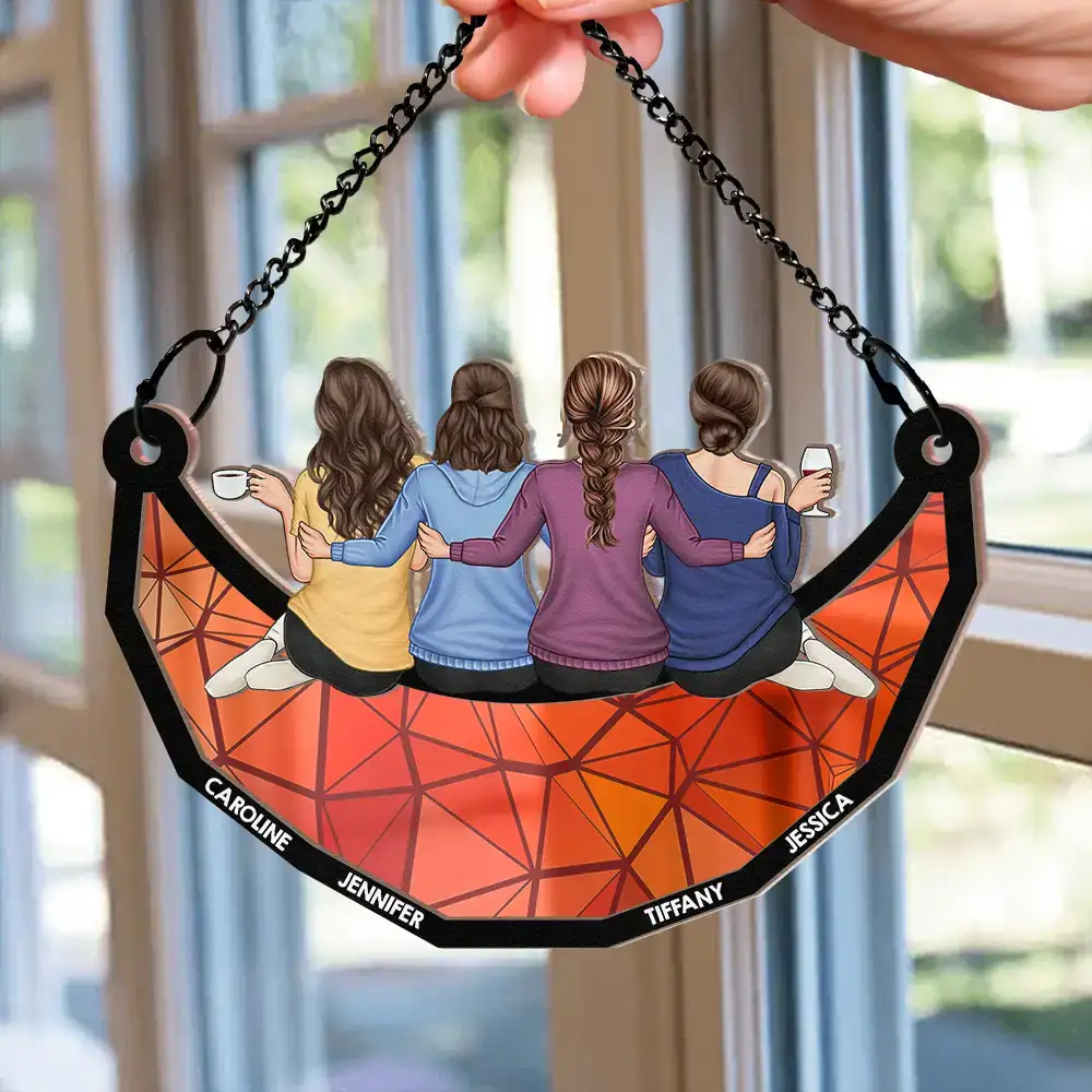 Besties Friends Sitting On The Moon - Personalized Window Hanging Suncatcher Ornament - Image 2