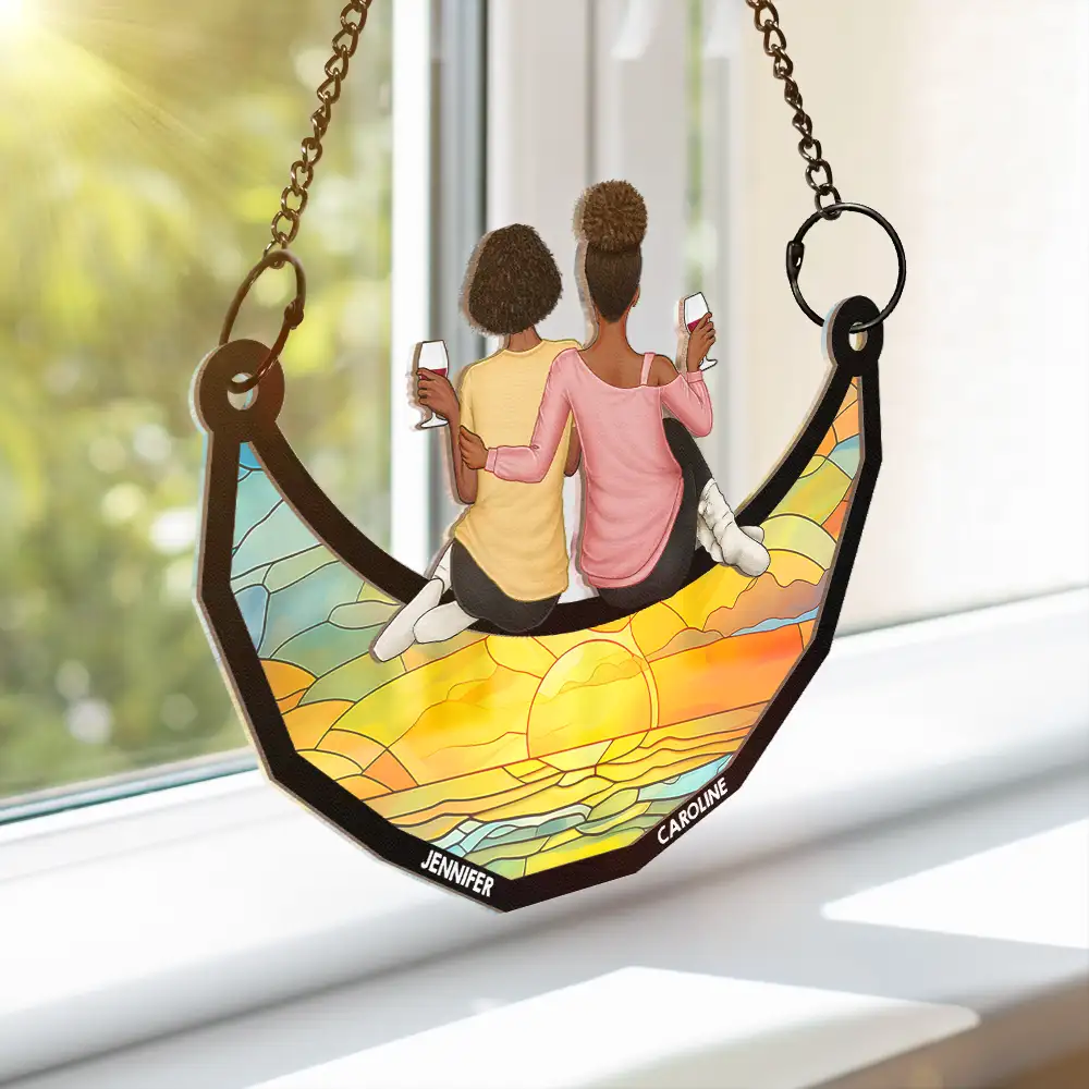 Besties Friends Sitting On The Moon - Personalized Window Hanging Suncatcher Ornament - Image 3