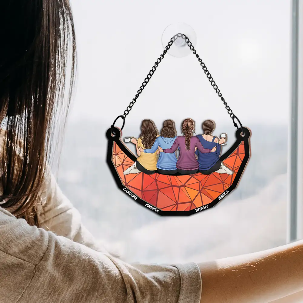 Besties Friends Sitting On The Moon - Personalized Window Hanging Suncatcher Ornament - Image 4
