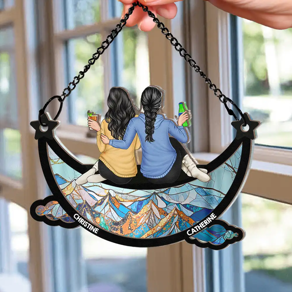 Besties Friends Sitting On The Moon Starry Sky - Personalized Window Hanging Suncatcher Ornament - Image 2
