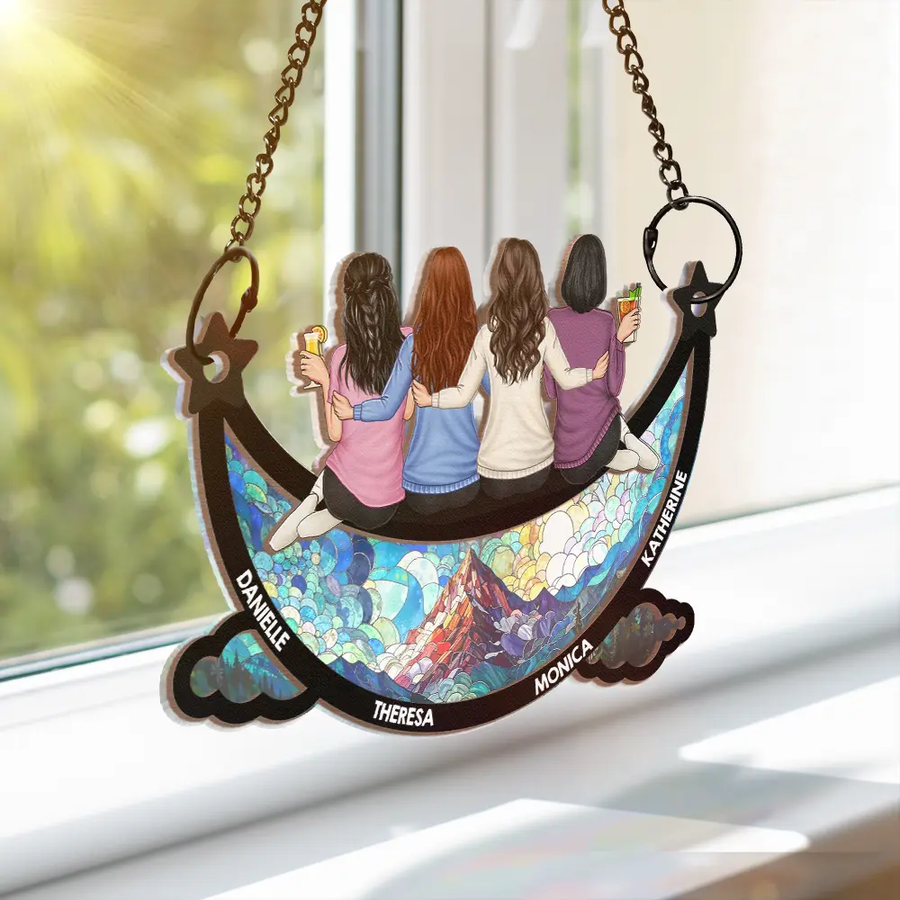 Besties Friends Sitting On The Moon Starry Sky - Personalized Window Hanging Suncatcher Ornament - Image 3