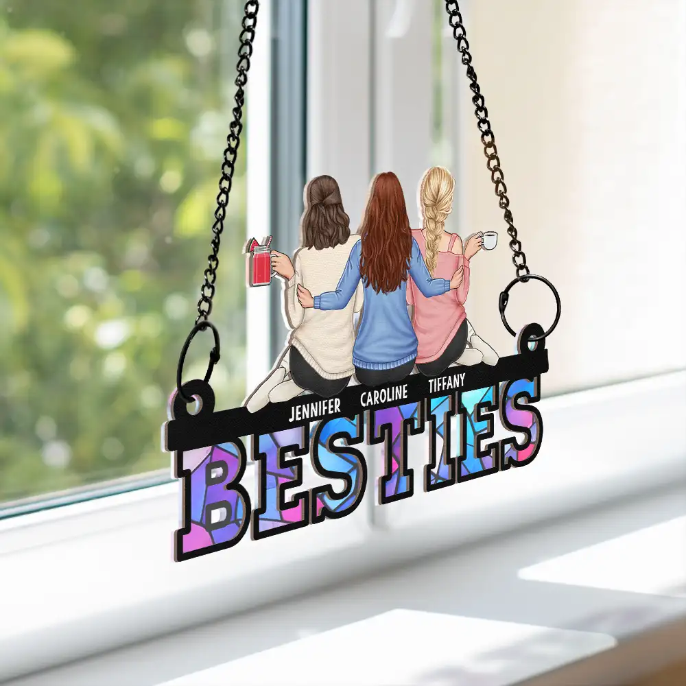 Besties Friends Sitting Together - Personalized Window Hanging Suncatcher Ornament - Image 3