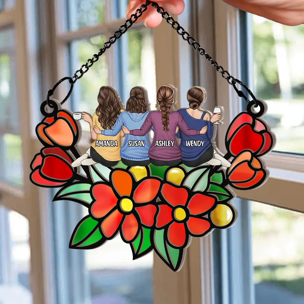 Besties In Tulip Flowers - Personalized Window Hanging Suncatcher Ornament - Image 2