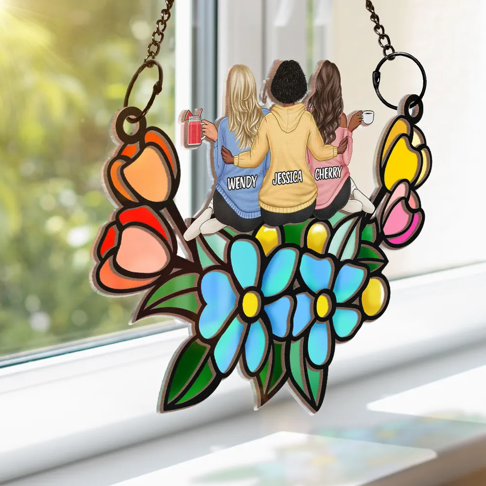 Besties In Tulip Flowers - Personalized Window Hanging Suncatcher Ornament - Image 3