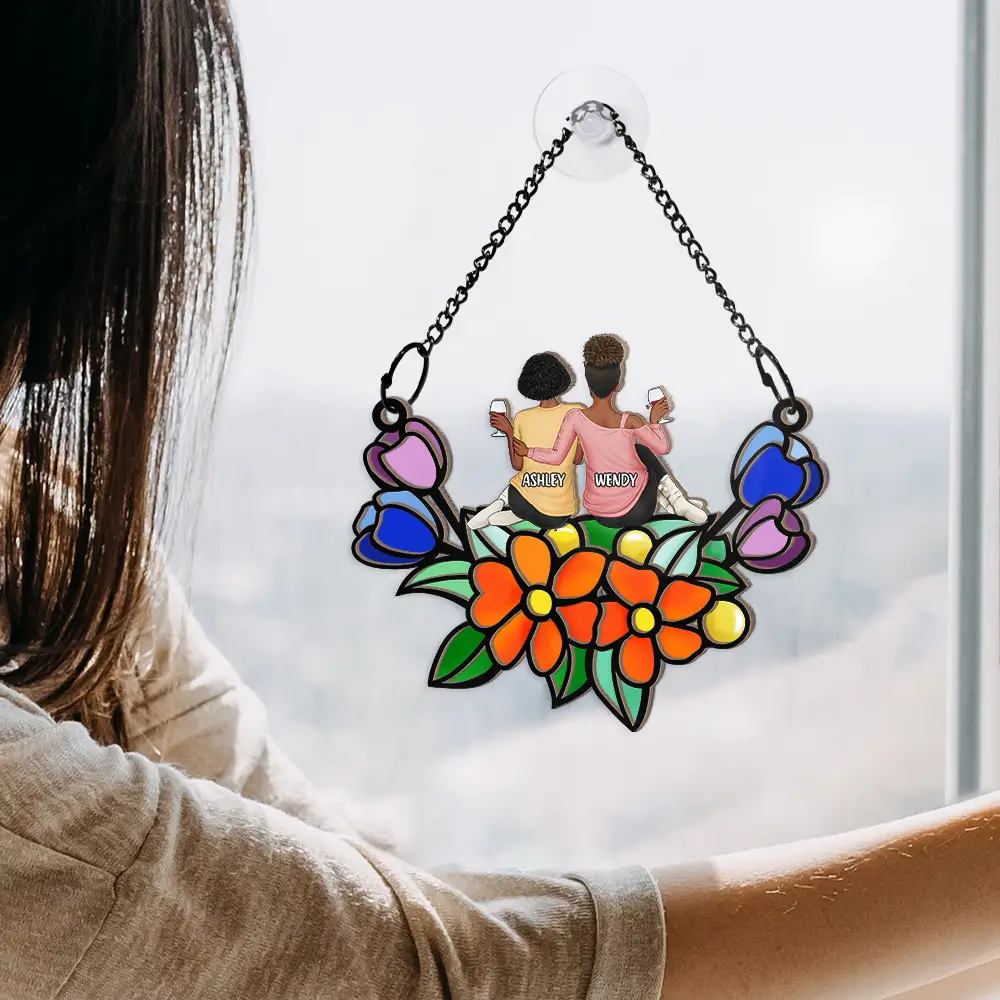 Besties In Tulip Flowers - Personalized Window Hanging Suncatcher Ornament - Image 4