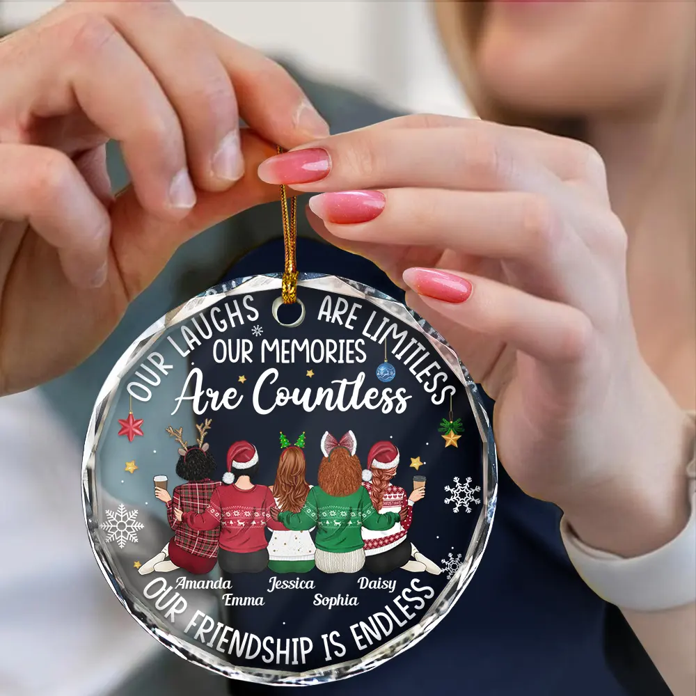 Besties Our Laughs Are Limitless Christmas Backside - Personalized Circle Glass Ornament - Image 4