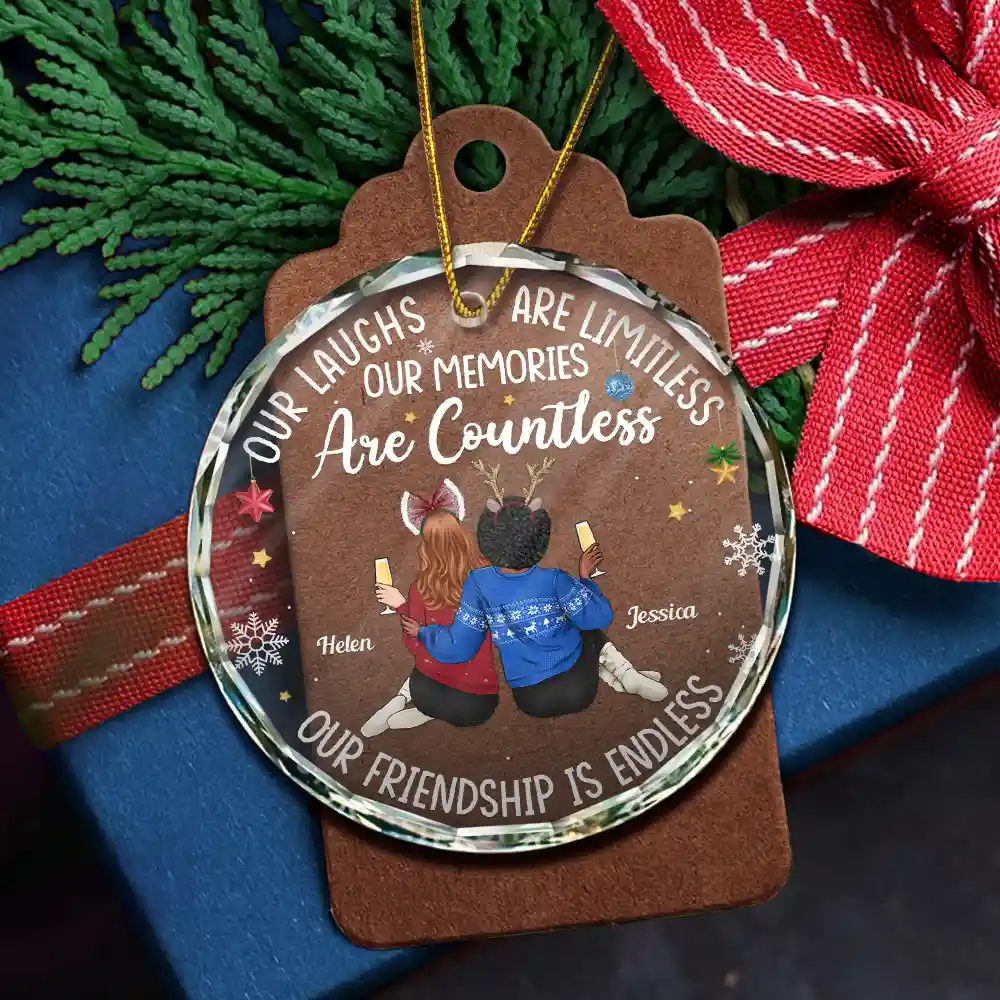 Besties Our Laughs Are Limitless Christmas Backside - Personalized Circle Glass Ornament - Image 5