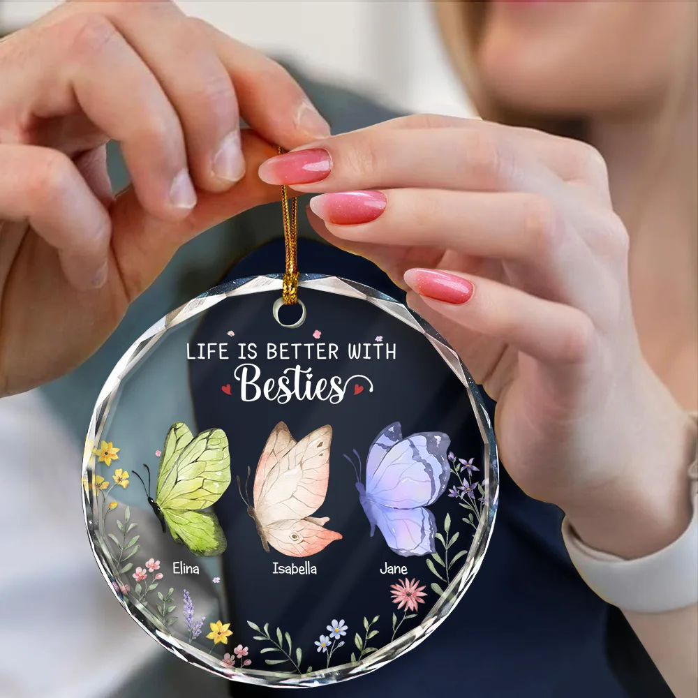 Besties Sisters Forever Butterfly - Personalized Circle Glass Ornament - Image 4