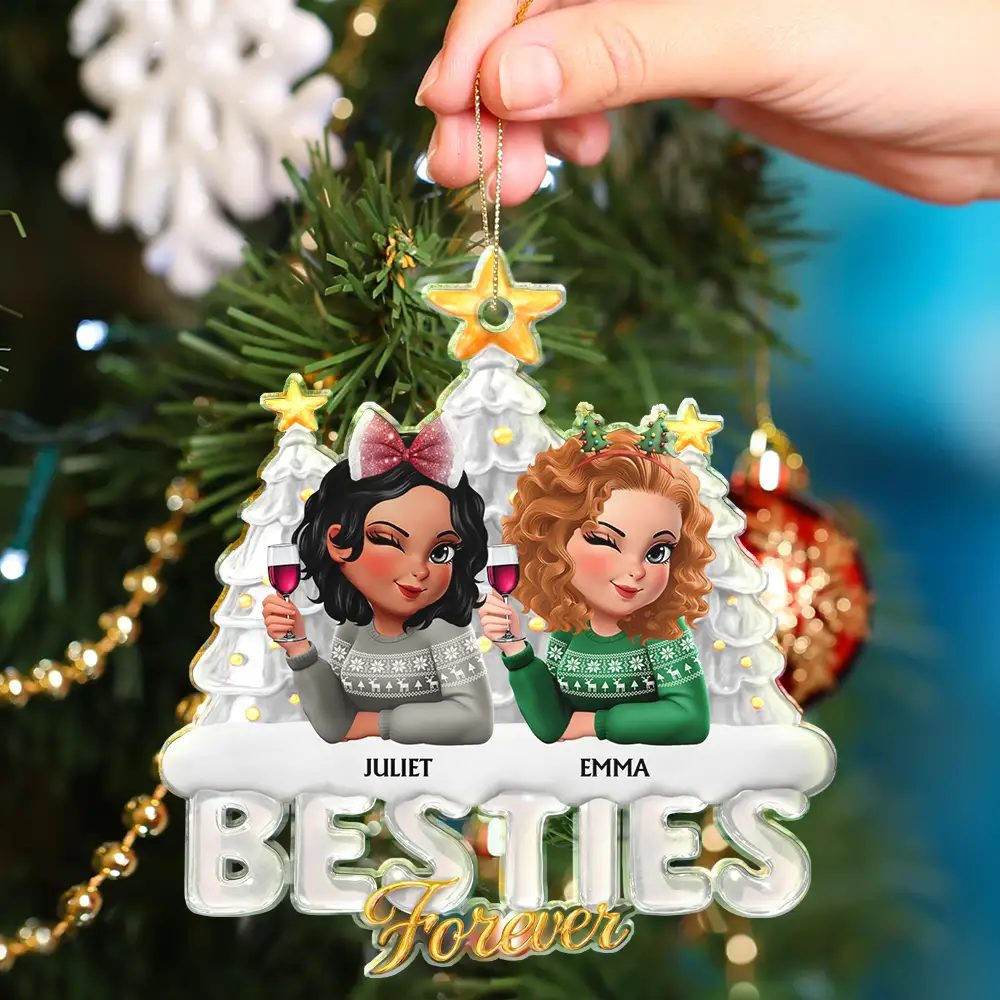 Besties Sisters Forever Christmas Tree Sea Glass Effect - Personalized Custom Shaped Acrylic Ornament - Image 4