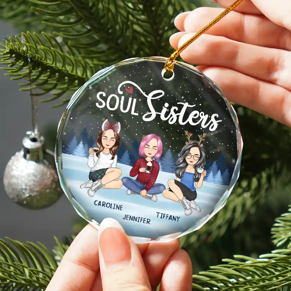 Besties Sisters Forever Sitting Together - Personalized Circle Glass Ornament - Image 2