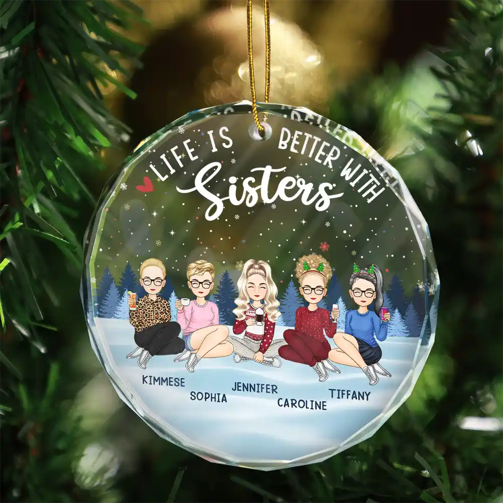Besties Sisters Forever Sitting Together - Personalized Circle Glass Ornament - Image 3
