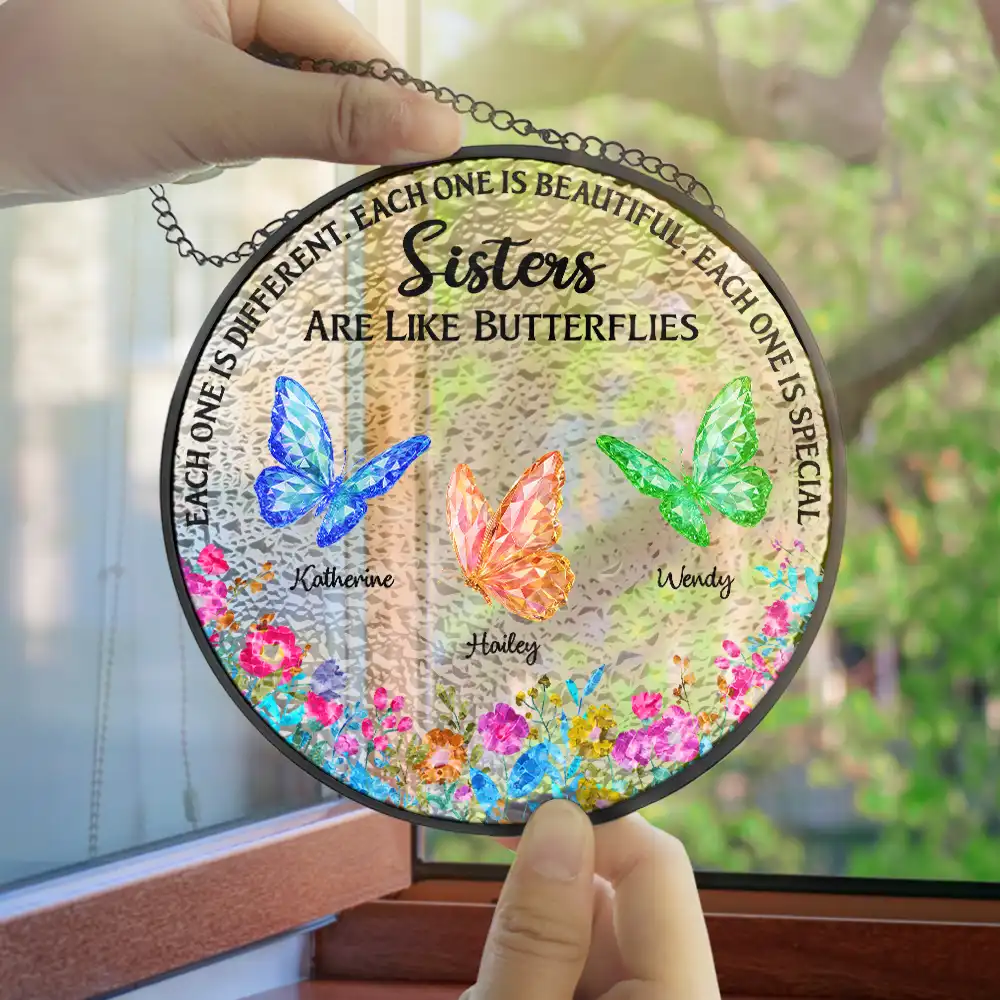 Besties Sisters Friends Are Like Butterflies Crystal Effect - Personalized Stained Glass Window Hanging Suncatcher - Image 4