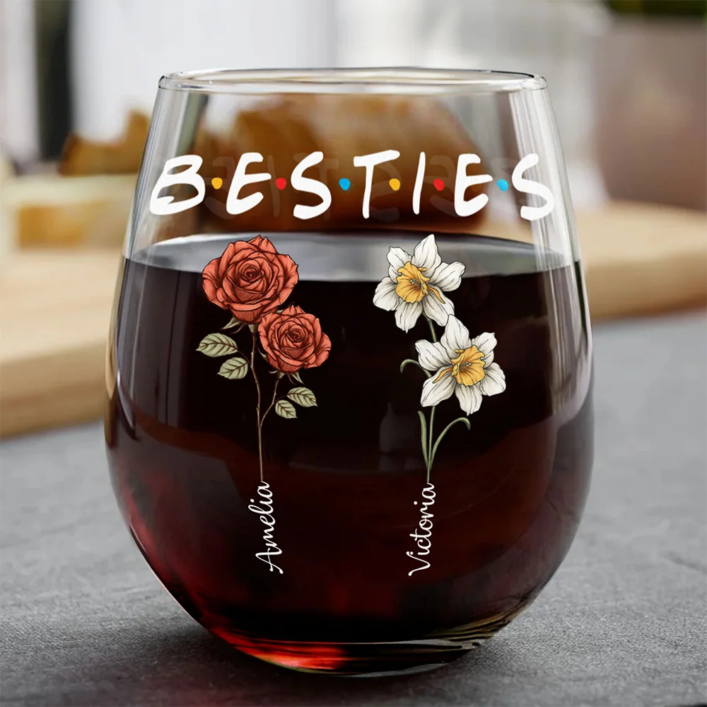 Besties Sisters Friends Birth Flowers - Personalized Stemless Wine Glass