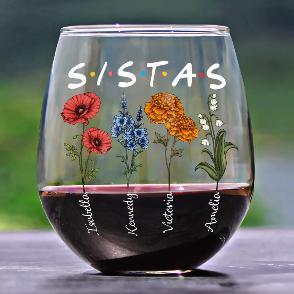 Besties Sisters Friends Birth Flowers - Personalized Stemless Wine Glass - Image 2