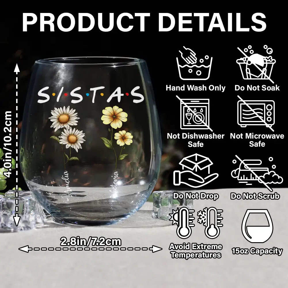 Besties Sisters Friends Birth Flowers - Personalized Stemless Wine Glass - Image 5