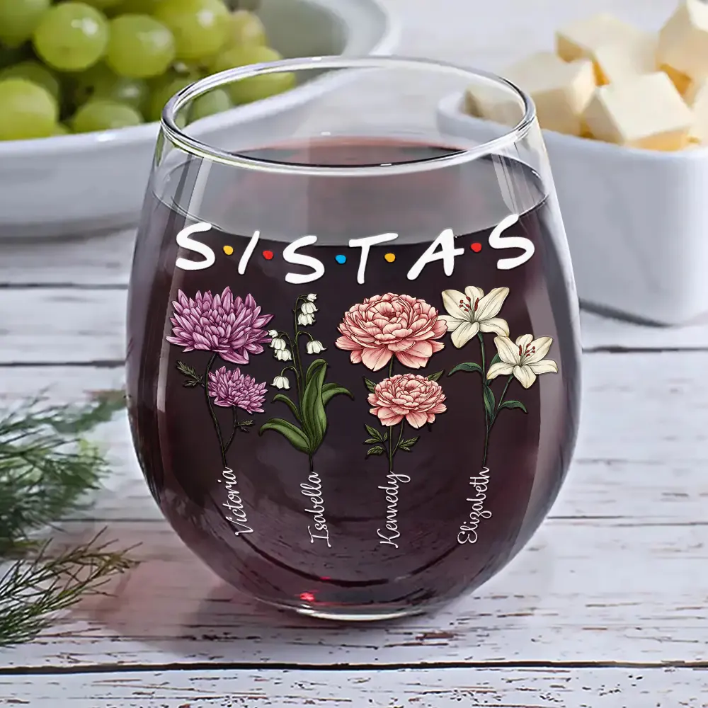 Besties Sisters Friends Birth Flowers - Personalized Stemless Wine Glass - Image 6