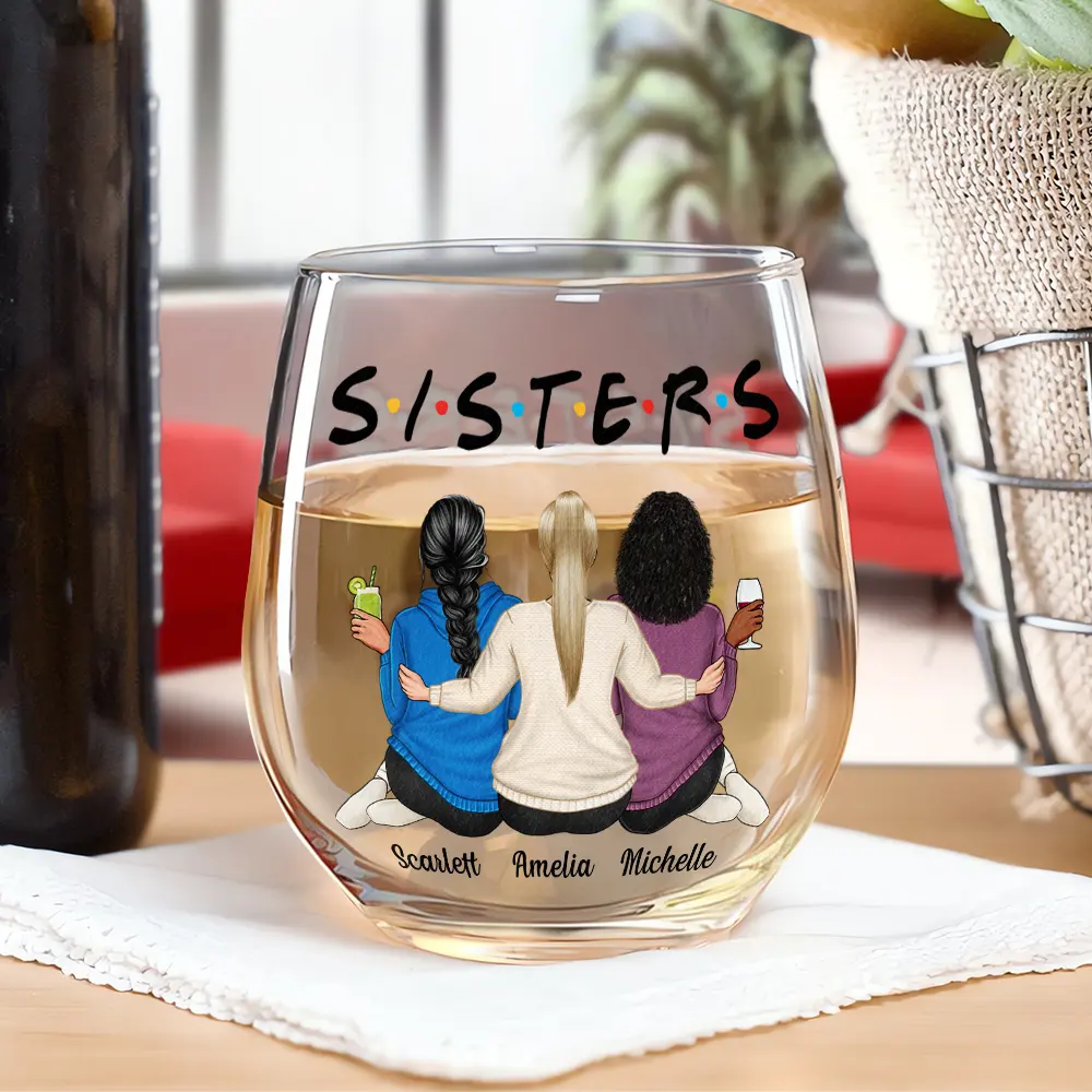 Besties Sisters Friends - Personalized Stemless Wine Glass - Image 2
