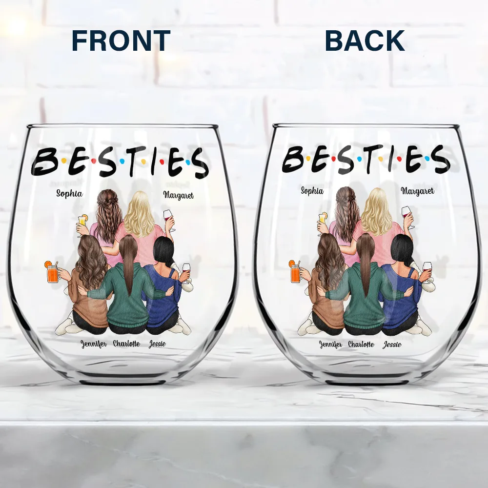 Besties Sisters Friends - Personalized Stemless Wine Glass - Image 4