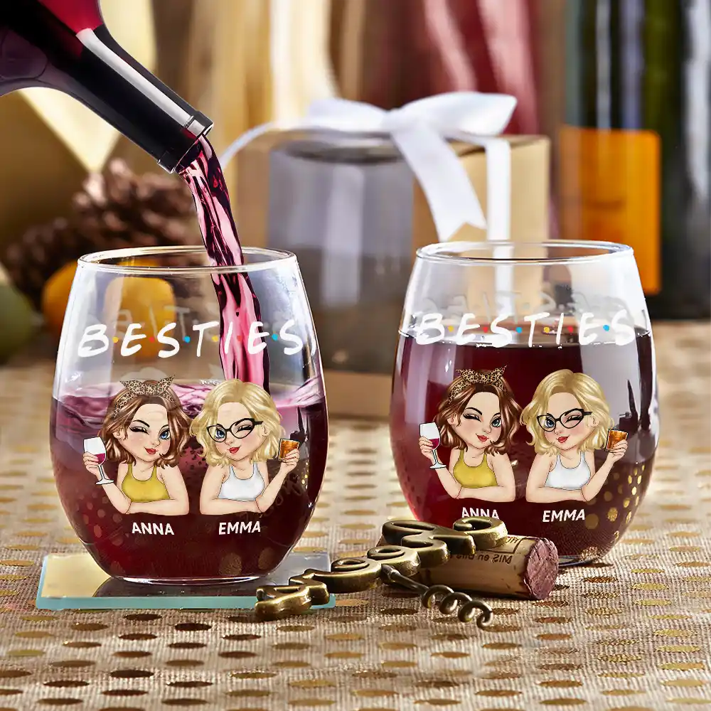 Besties Sisters Friends Turban Women - Personalized Stemless Wine Glass - Image 3