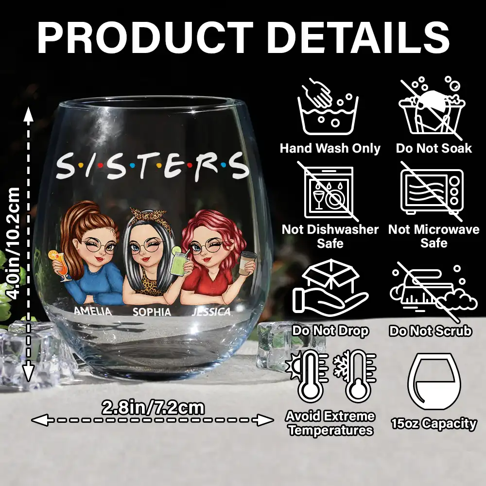Besties Sisters Friends Turban Women - Personalized Stemless Wine Glass - Image 5