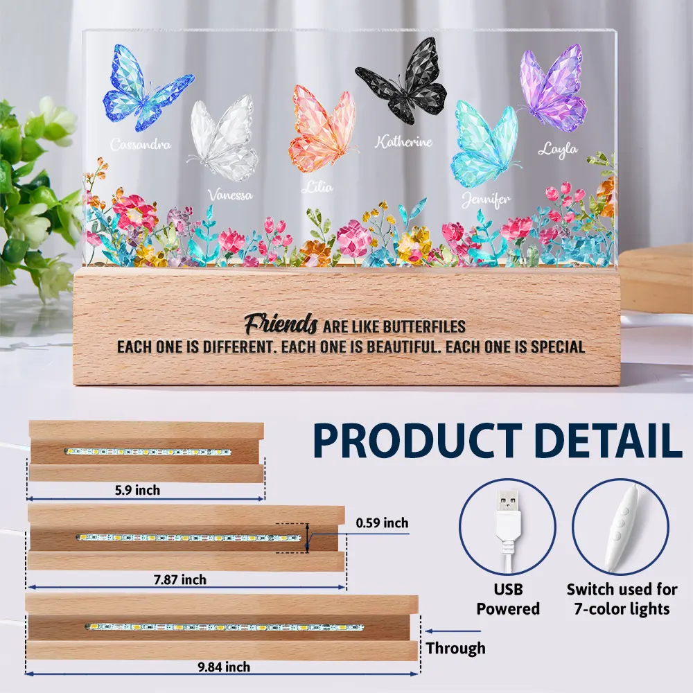 Besties Sisters Friends With Crystal Butterfly Effect - Personalized Rectangle LED Light - Image 6