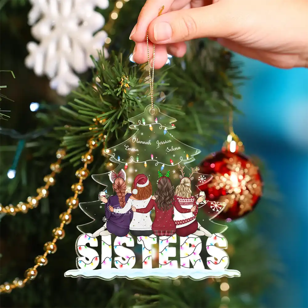 Besties Sitting Under Christmas Tree - Personalized Cutout Acrylic Ornament - Image 4