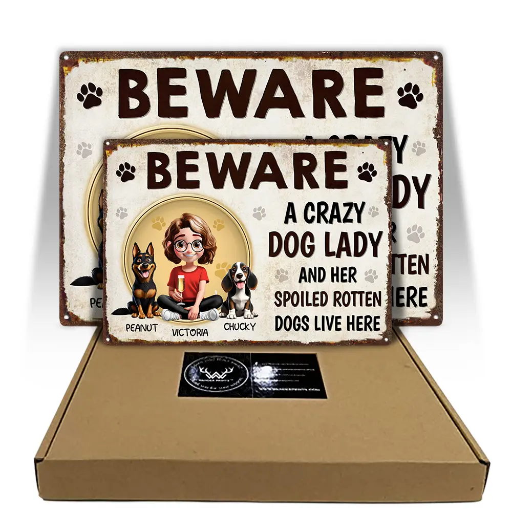 Beware A Crazy Dog Lady And Her Dogs Live Here - Personalized Classic Metal Signs - Image 5