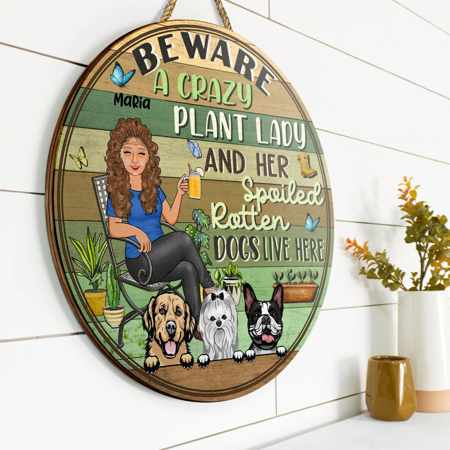 Beware A Crazy Plant Lady & Her Spoiled Rotten Dogs Live Here Gardening - Garden Sign, Birthday, Housewarming Gift For Her, Him, Gardener, Outdoor Decor - Personalized Custom Wood Circle Sign - Image 2