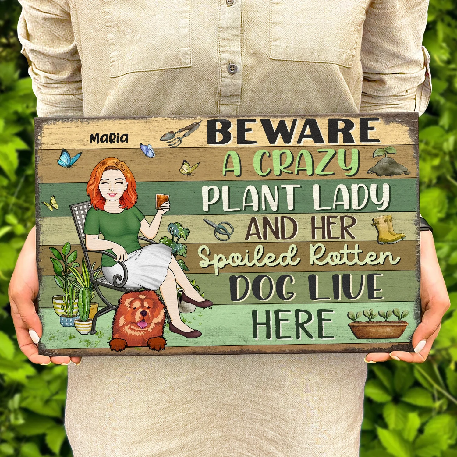 Beware A Crazy Plant Lady & Her Spoiled Rotten Dogs Live Here Gardening - Garden Sign, Birthday, Housewarming Gift For Her, Him, Gardener, Outdoor Decor - Personalized Custom Wood Rectangle Sign - Image 4