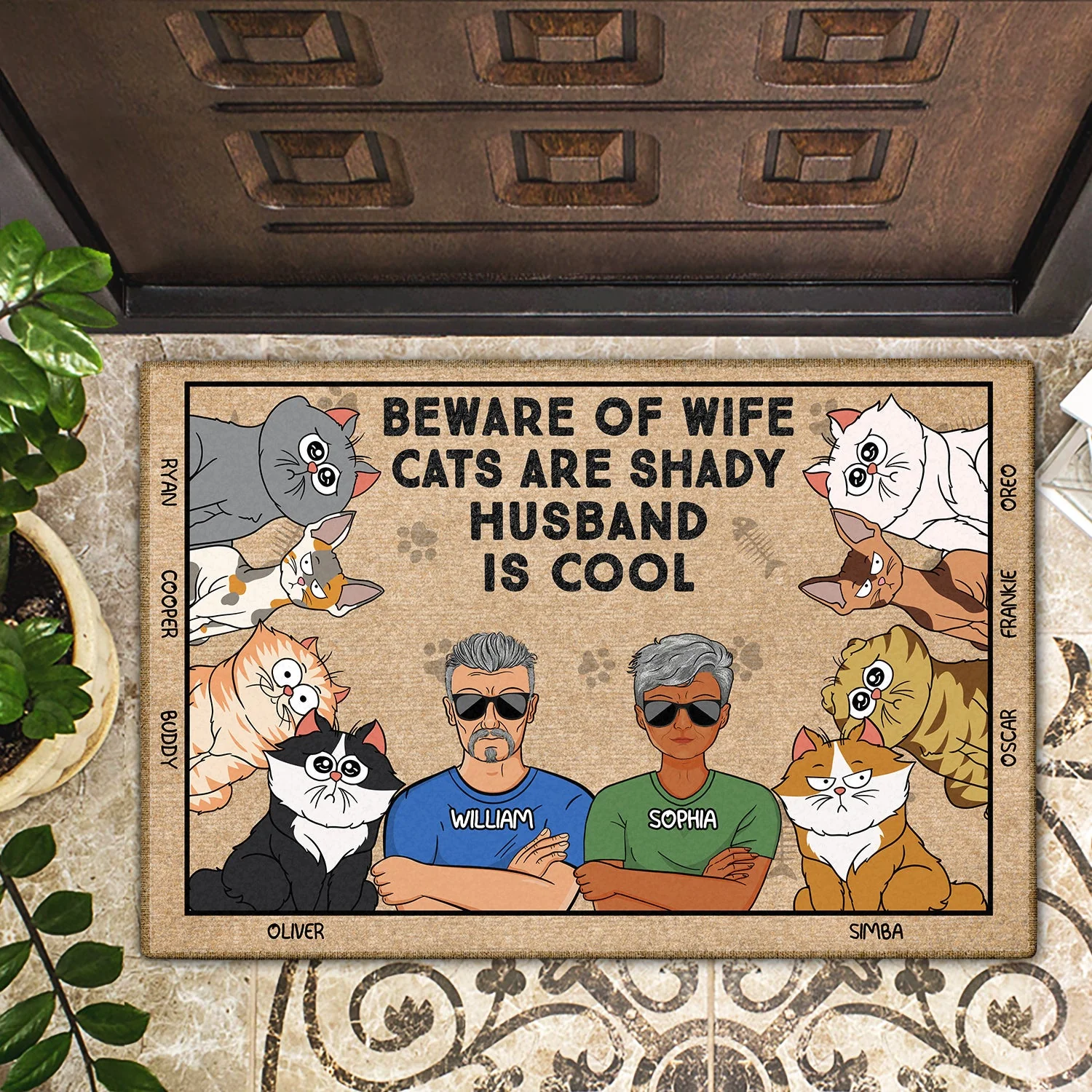 Beware Of Wife Cats Are Shady Husband Is Cool Funny Cartoon Cat - Gift For Cat Lovers, Couples - Personalized Doormat - Image 2
