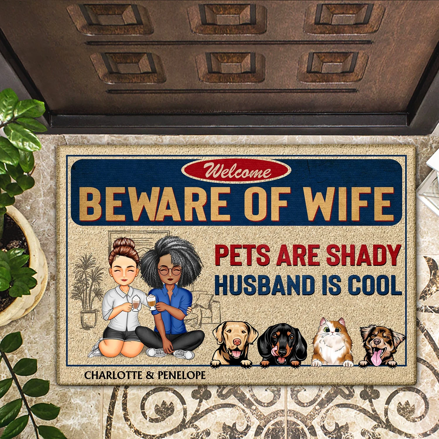 Beware Of Wife Dogs Cats Are Shady Husband Is Cool - Anniversary, Birthday, Home Decor Gift For Husband, Wife, Couple, Pet Lovers - Personalized Custom Doormat - Image 2
