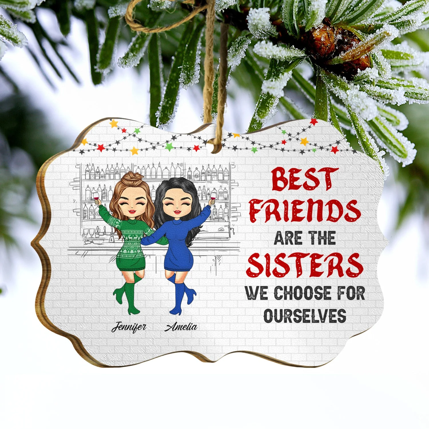 BFF Bonding Over Alcohol - Christmas Gift For Bestie - Personalized Wooden Ornament - Image 3
