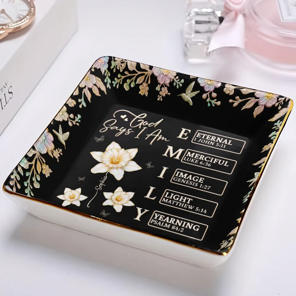 Bible Verse God Says I Am Birth Flower Nacre Effect - Personalized Ring Dish - Image 2