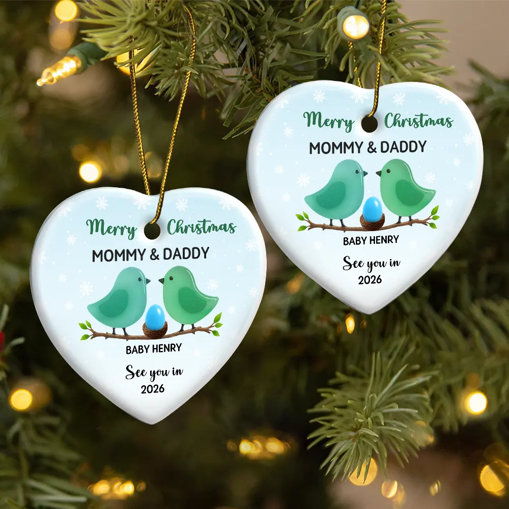 Bird Family Expecting Baby Sea Glass Effect - Personalized Heart Ceramic Ornament - Image 2