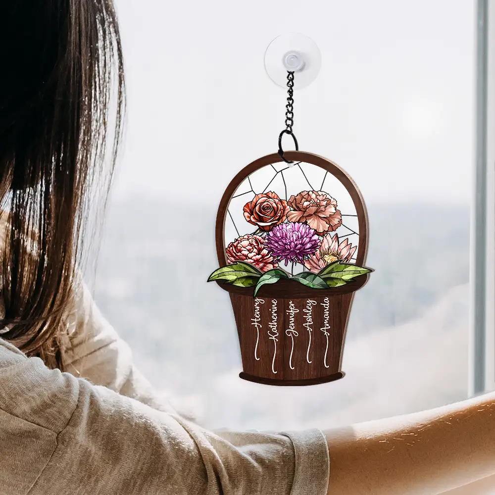 Birth Flower Basket Sisters Besties - Personalized Window Hanging Suncatcher Ornament - Image 4