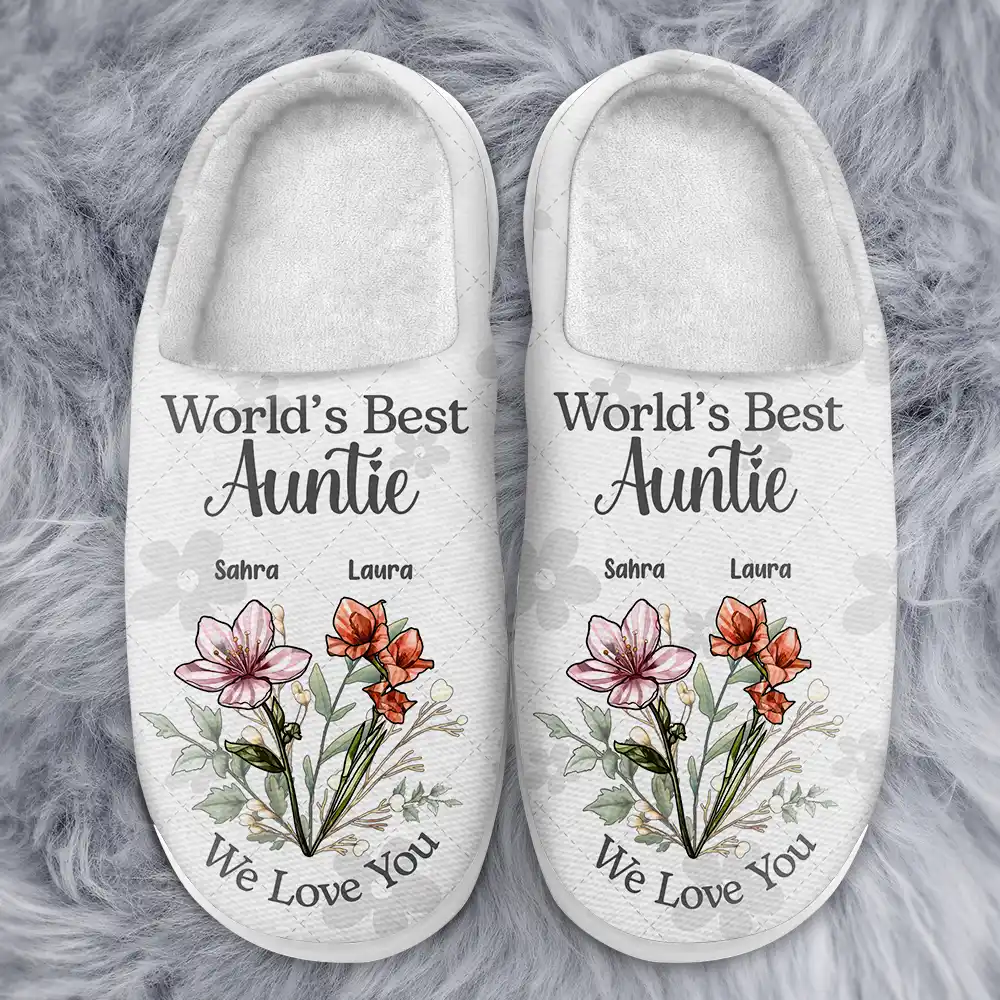 Birth Flower Best Grandma We Love You - Personalized Fluffy Slippers - Image 3