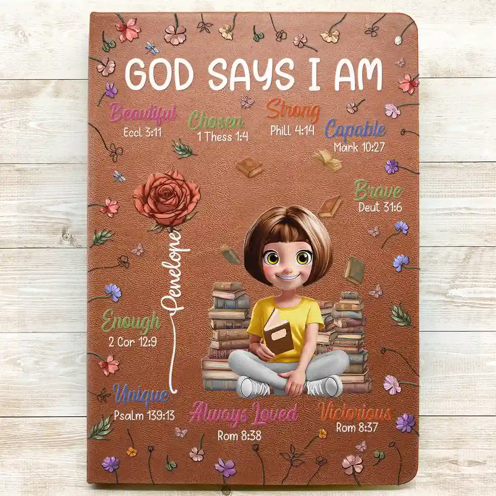Birth Flower Bible Verse God Says I Am - Personalized Leather Journal - Image 3