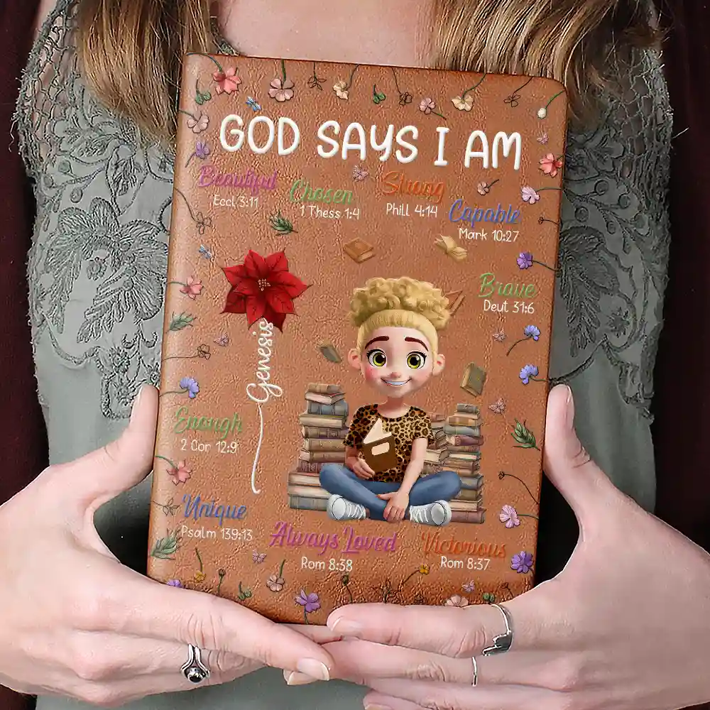 Birth Flower Bible Verse God Says I Am - Personalized Leather Journal - Image 4