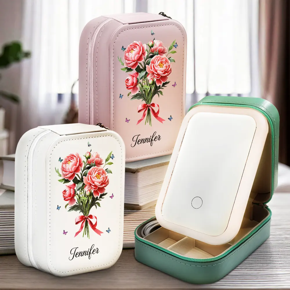 Birth Flower Bouquet And Name - Personalized Makeup Box With LED Mirror - Image 2