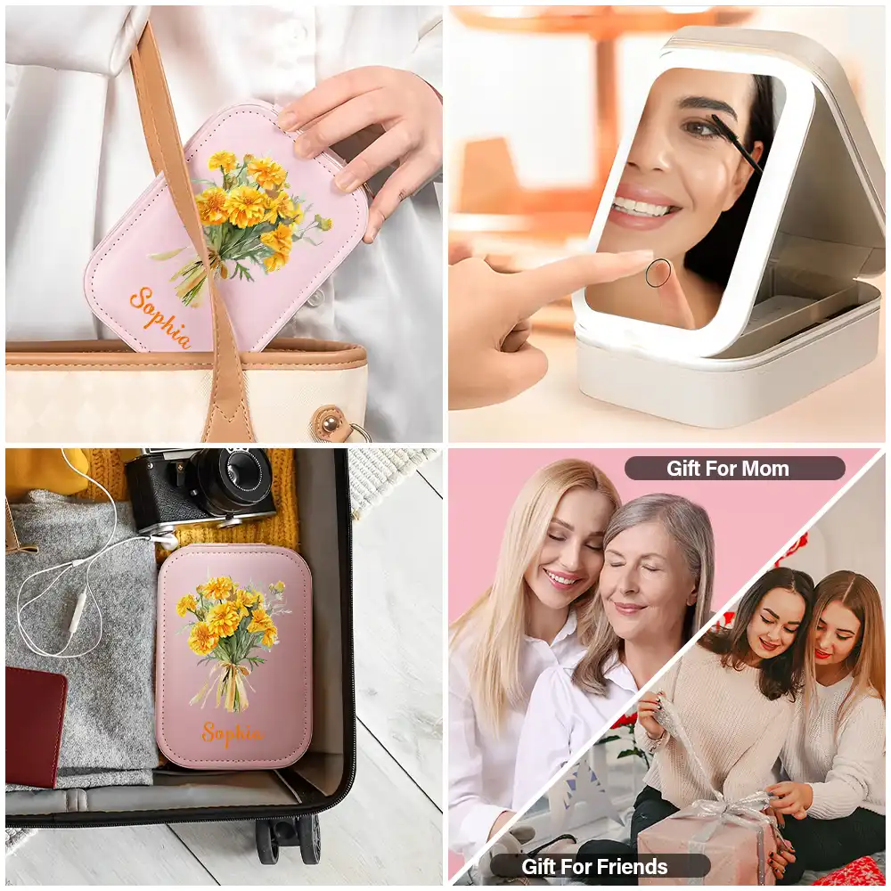 Birth Flower Bouquet And Name - Personalized Makeup Box With LED Mirror - Image 5