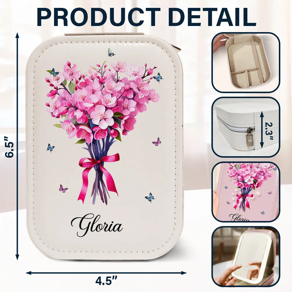 Birth Flower Bouquet And Name - Personalized Makeup Box With LED Mirror - Image 6