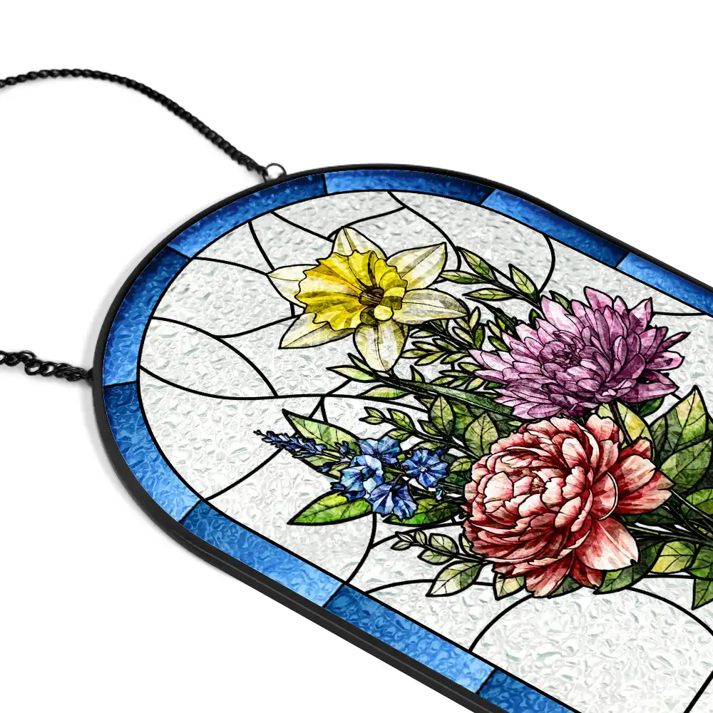 Birth Flower Bouquet Grandma's Garden - Personalized Rounded Rectangle Stained Glass Suncatcher - Image 2