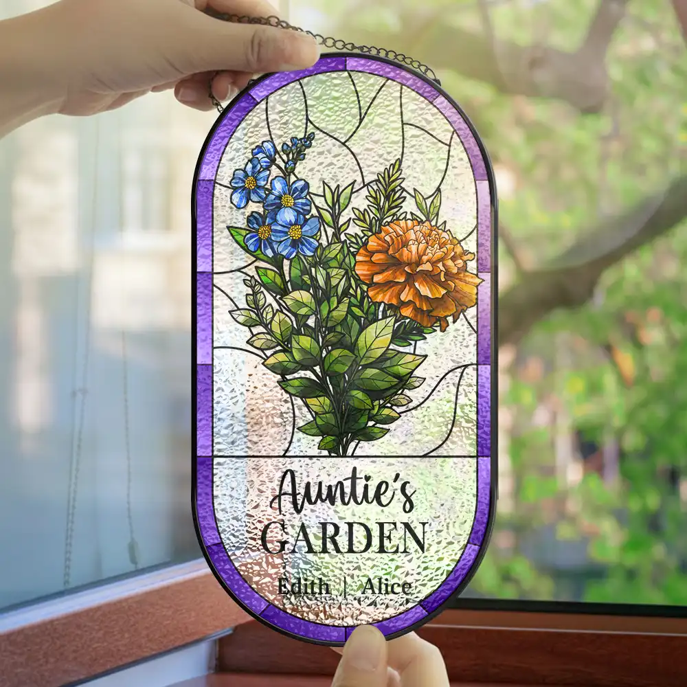 Birth Flower Bouquet Grandma's Garden - Personalized Rounded Rectangle Stained Glass Suncatcher - Image 4