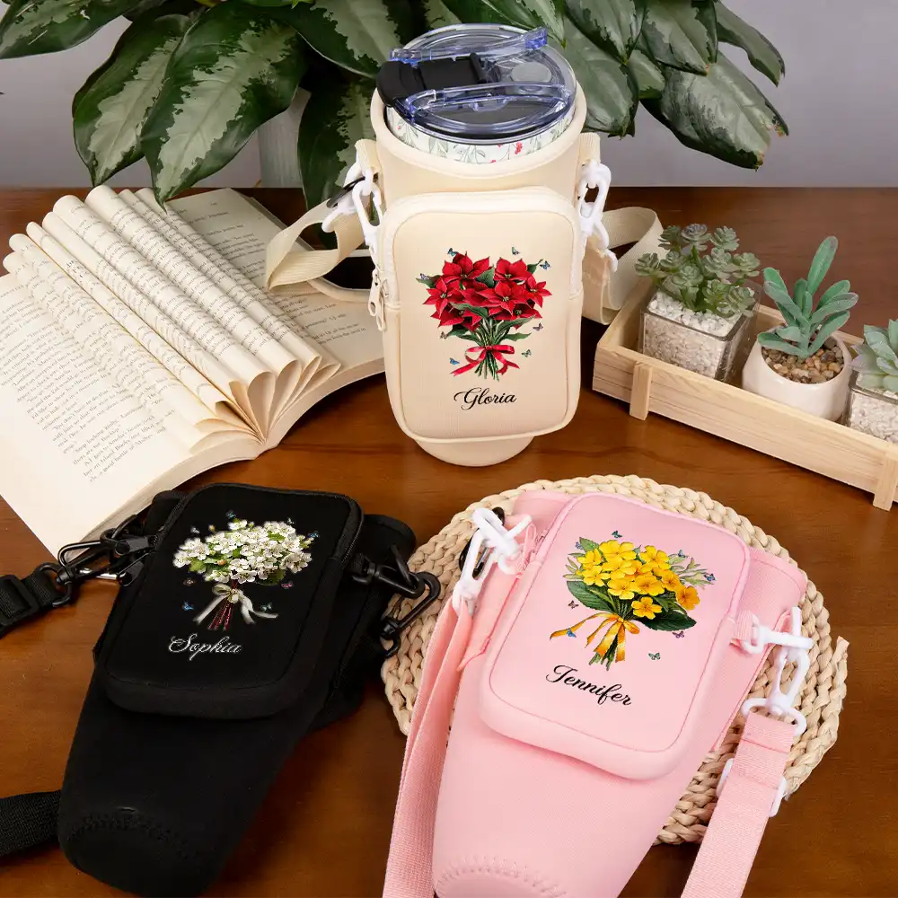Birth Flower Bouquet - Personalized Bottle Carrier Bag - Image 3