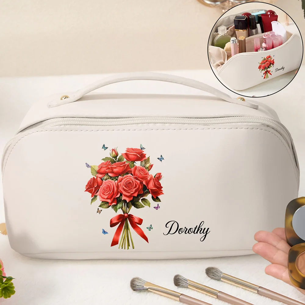 Birth Flower Bouquet - Personalized Leather Makeup Bag - Image 2