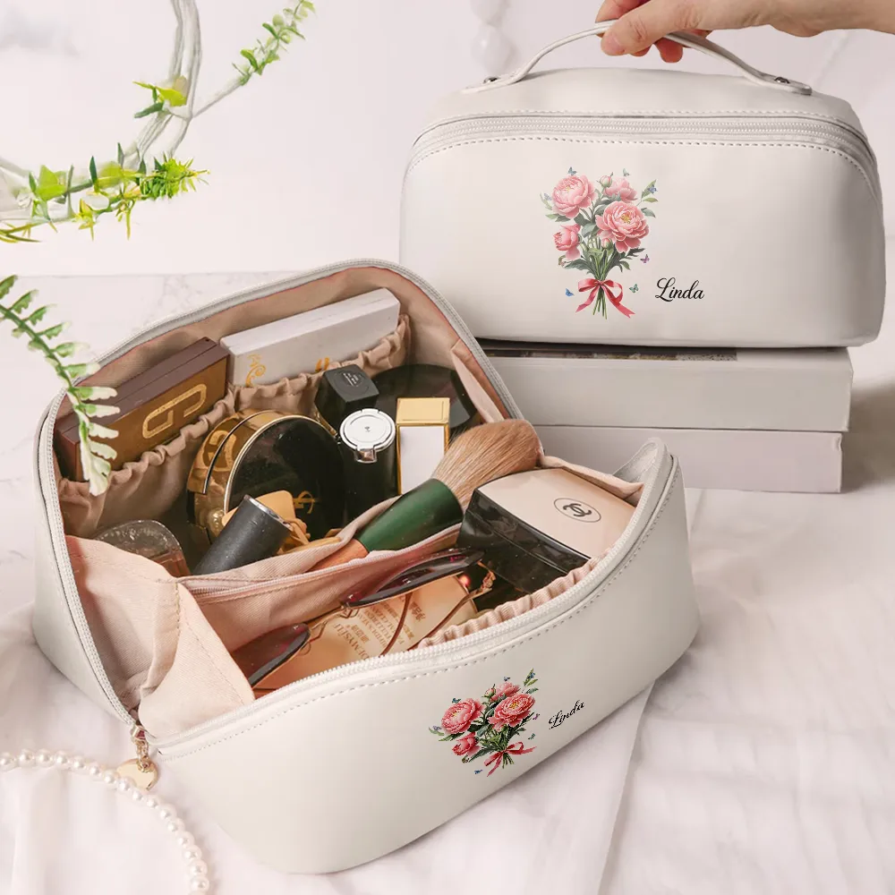 Birth Flower Bouquet - Personalized Leather Makeup Bag - Image 3