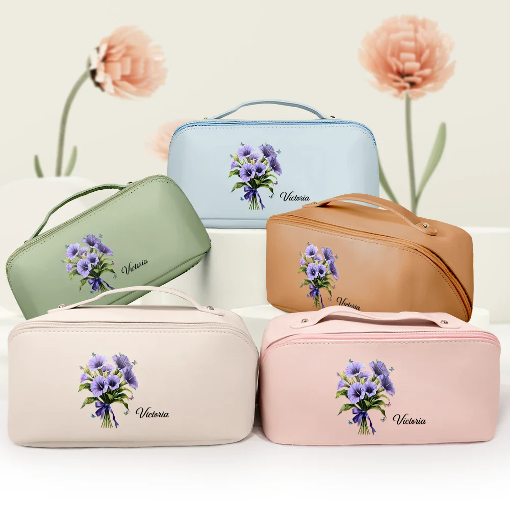 Birth Flower Bouquet - Personalized Leather Makeup Bag - Image 4