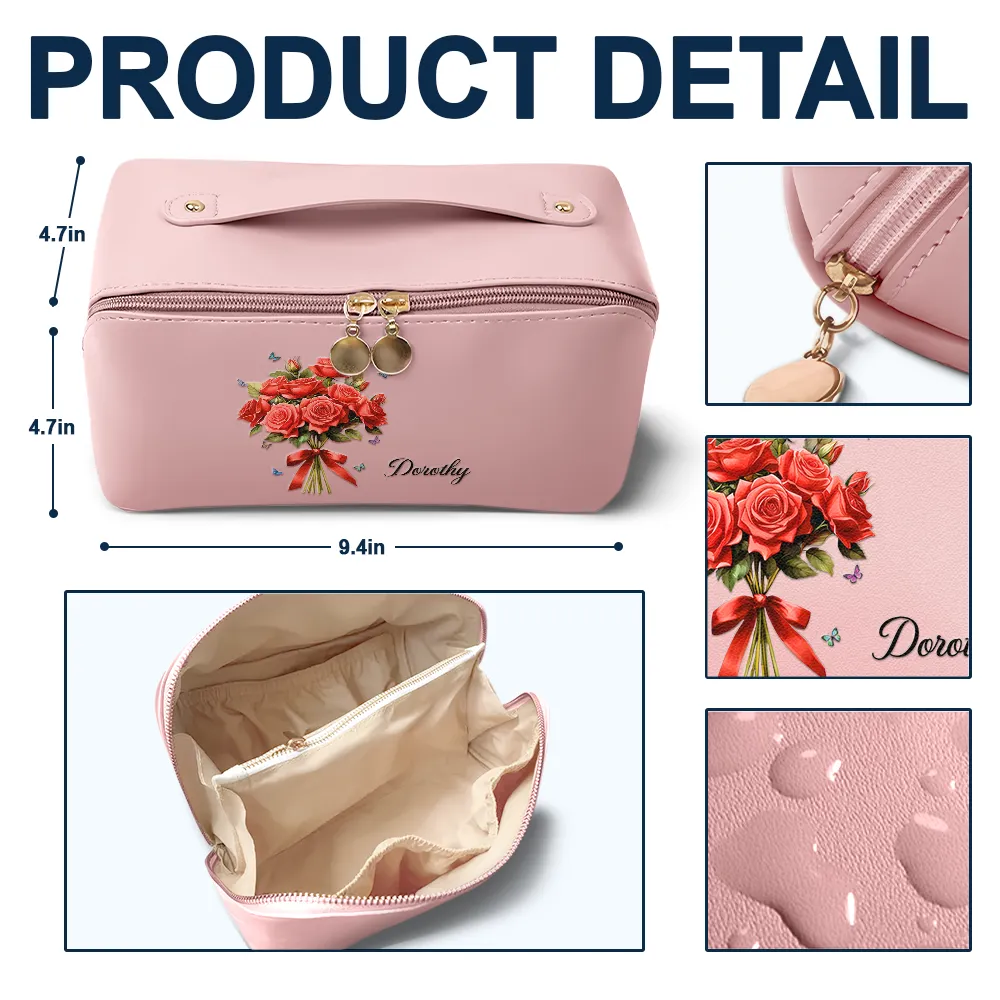 Birth Flower Bouquet - Personalized Leather Makeup Bag - Image 5